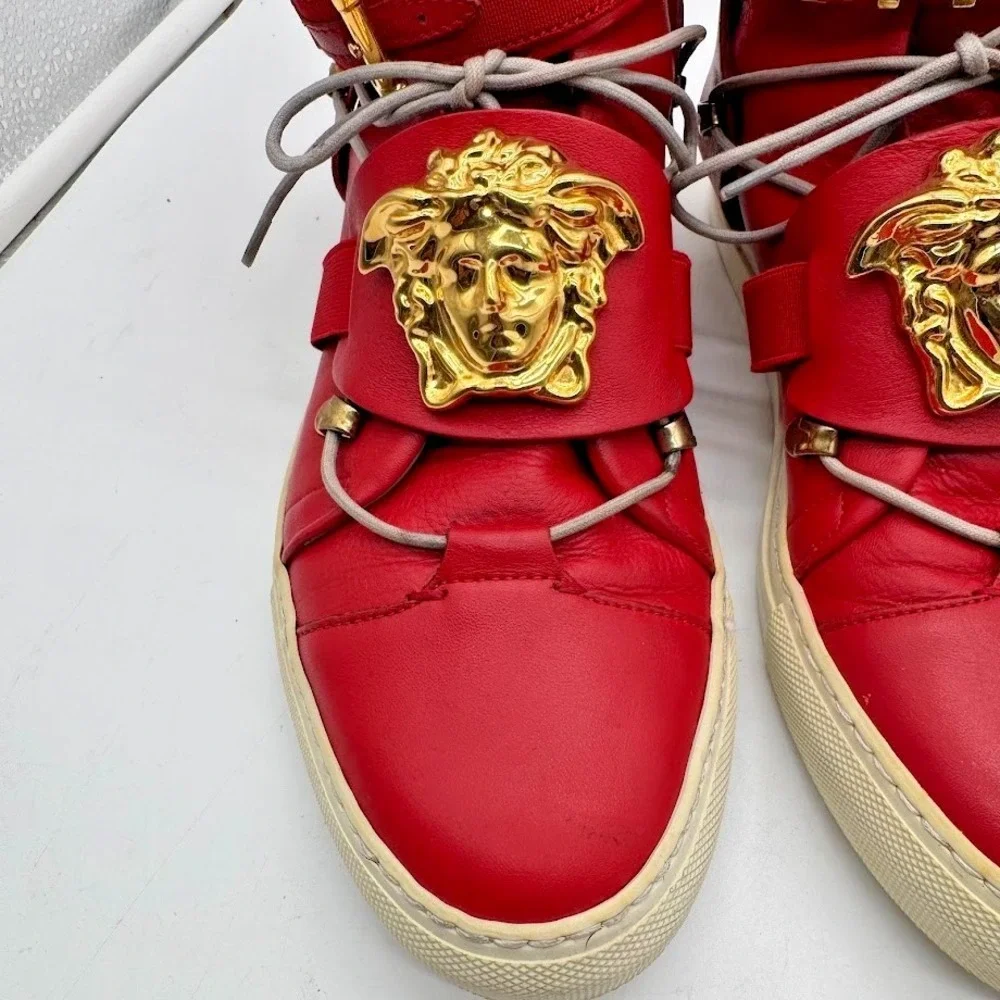Versace Medusa Red High Top Sneakers IT 39 US 8 Leather Gold Buckle Luxury